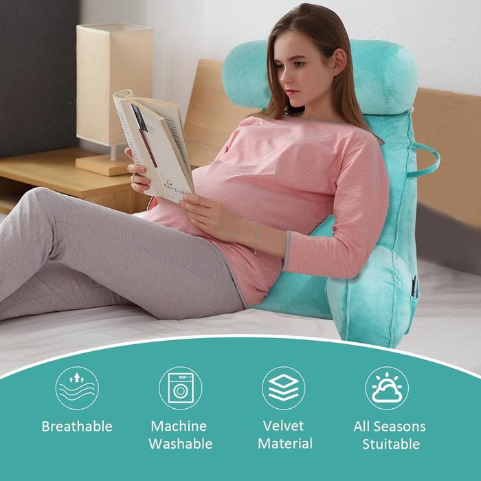 Подушка для читання MINGPINHUIUS XL для ліжка та дивана зі знімним валиком для шиї, ідеальна подушка для спини дорослих з піною з ефектом пам&39яті для комфортного читання, роботи, гри, перегляду телевізора, відпочинку (синя)
