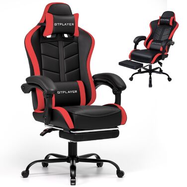 Ігрове крісло GTPLAYER, офісне крісло, геймерське крісло, ергономічне ігрове крісло з підставкою для ніг, крісло для ПК зі штучної шкіри з розширеною спинкою, вантажопідйомність 150 кг, червоне
