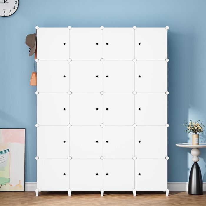 Шафа HOMIDEC, Портативна система полиць, Пластикова шафа на 20 кубів з 2 рейками для одягу, Шафа для спальні, Біла, 180 x 142 x 45 см, 20 кубів, Повністю біла