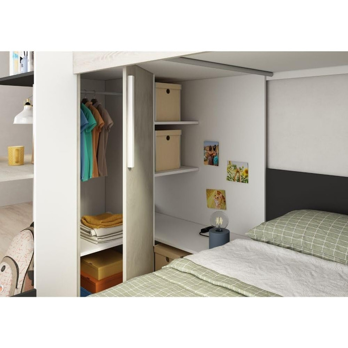 Двох'ярусне ліжко Bleki для двох дітей з письмовим столом і шафою в вінтажному білому та антрацитовому кольорах