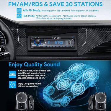 Автомобільна стереосистема RDS Bluetooth для 9-24 В, FM/AM 1Din Автомобільна стереосистема з Bluetooth гучного зв'язку, 7-колірна автомобільна стереосистема з 2 USB/MP3-плеєрами/AUX/SD/незалежним годинником, 30 станцій для зберігання багатобарвних