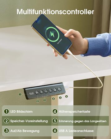 Стіл Flamaker з регульованою висотою, повна стільниця 160 x 60 см, стіл з електричним регулюванням висоти з пам&39яттю, ігровий стіл з нагадуванням про сидячий режим та зарядкою через USB (білий) Білий 160 x 60 см