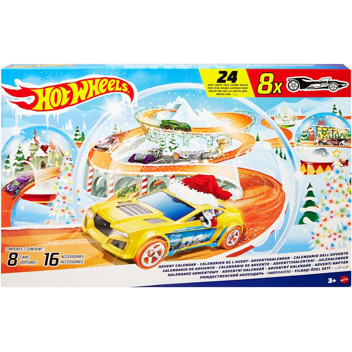 Іграшкові машинки Hot Wheels, календар на 2024 рік, 8 машинок Hot Wheels у масштабі 164, 16 зимових аксесуарів та ігровий килимок