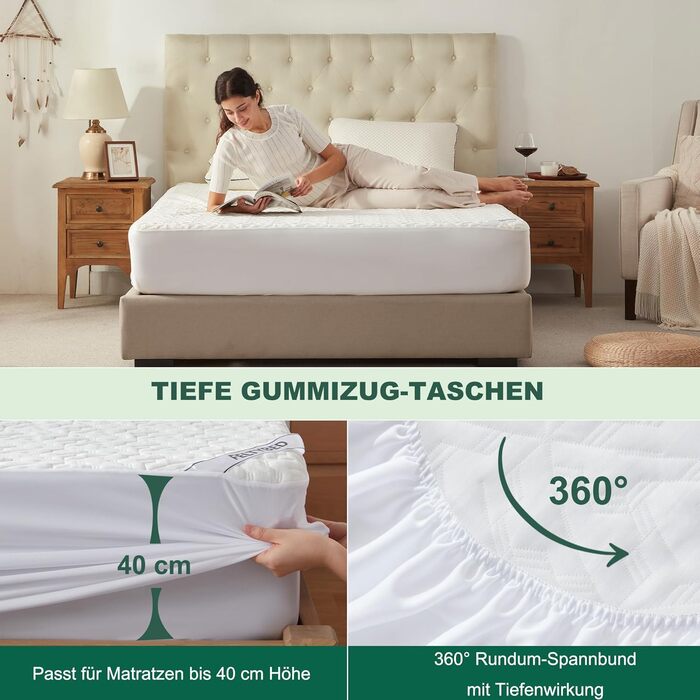 Наматрацник BEDLORE 180x200 см, водонепроникний дихаючий наматрацник з глибокими кишенями 40 см, сертифікований Oeko-TEX, тихий та еластичний (білий) Білий 180x200 см