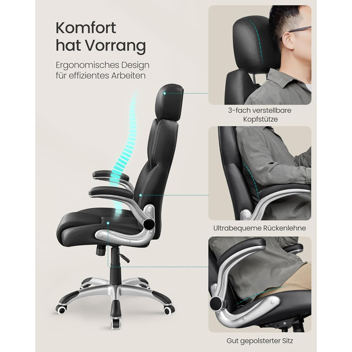 Офісне крісло SONGMICS, ігрове крісло, регульований підголівник, функція гойдання, письмове крісло, регульовані підлокітники, універсальні колеса, регульована висота, чорний колір OBG65BK