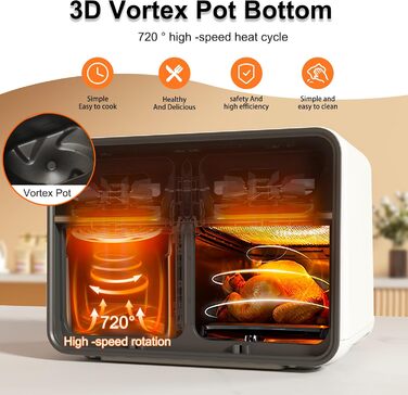 Двозонна фритюрниця Runnatal з оглядовим вікном, мультипіч 8 л, 2100 Вт, 2 відділення, двокамерна фритюрниця 14 в 1 з вегетаріанськими та м'ясними горщиками, 2 камери фритюрниці, антипригарне покриття