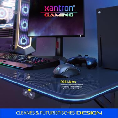Ігровий стіл Xantron зі світлодіодним атласом 3 регульовані RGB-ефекти 136x60x75 см, чорний, з органайзером для кабелів, тримачем для чашки та тримачем для гарнітури