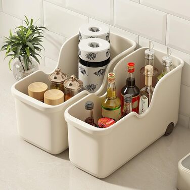 Кухонний ящик для зберігання, пластиковий, з колесами, для каструль та кришок, кутове відкриття, для двосторонніх пазів, 38 x 15 x 22 см, бежевий