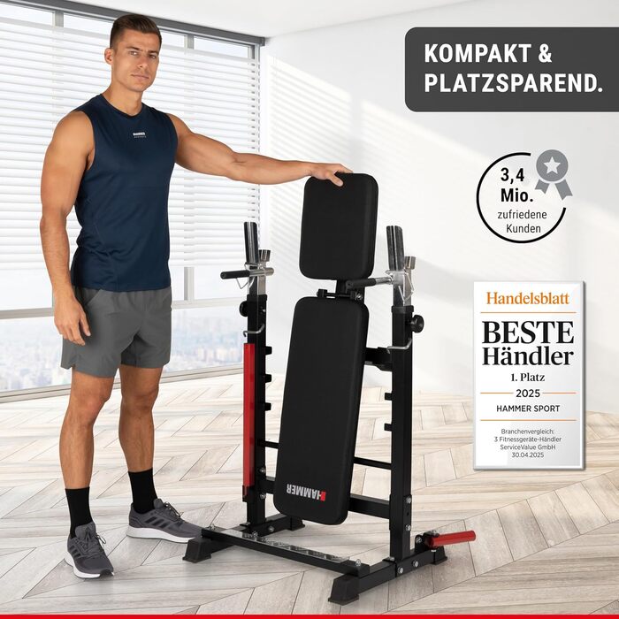 Силова лава HAMMER Force 4.0 зі стійкою, складна лава, похила лава, плоска лава, максимальна вага тіла 180 кг, рукоятки для віджимань, стійка для штанги - регульована тренувальна лава для жиму лежачи в домашньому спортзалі