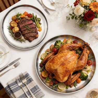 Набір з 4 сталевих тарілок, Ø20/30 см, круглий посуд з нержавіючої сталі, для барбекю, овальна страва, тарілка для мяса, тарілка для рису, сріблясті сталеві тарілки для кемпінгу, пікніка, кухні, BBQ, вечірок