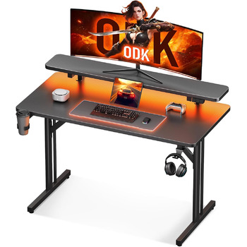 Ігровий стіл ODK, Невеликий ігровий стіл зі світлодіодним освітленням, Комп&39ютерний стіл 80 см з полицею для монітора, Чорний стіл для ПК з вуглецевого волокна 80 см