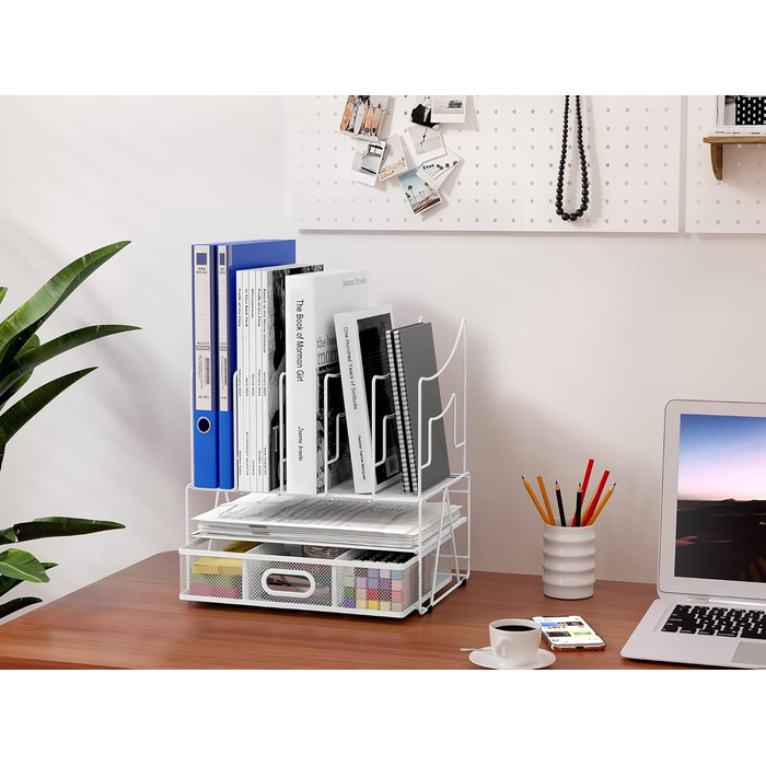 Металевий офісний органайзер EasyPAG A4 з 6 відділеннями, тримач для документів, лоток для файлів, тримач для журналів, лоток для листів, органайзер для паперових журналів з шухлядою для канцелярського приладдя, білий