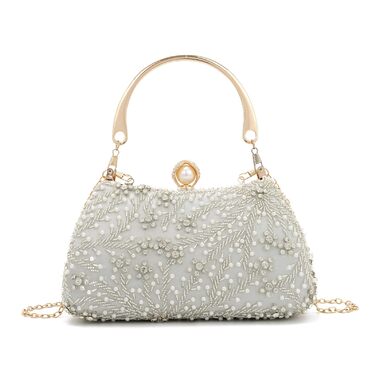 Жіноче клатч з перлинною вишивкою. Елегантна кришталева сумочка для весілля, вишукана вечірня сумочка, сумка для нареченої на ланцюжку для вечірок та випускних, срібляста.