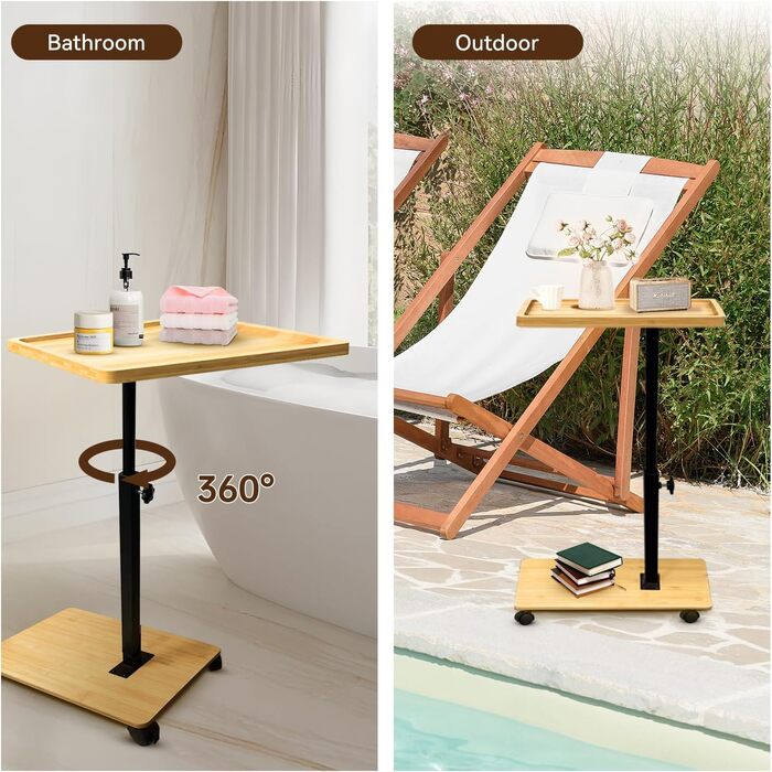 С-подібний журнальний столик, бамбук та метал, сучасний, регульований по висоті з колесами невеликий журнальний столик, тумбочка для ліжка, столик для дивана, тумбочка, туалетний столик для вітальні, спальні, ванної кімнати