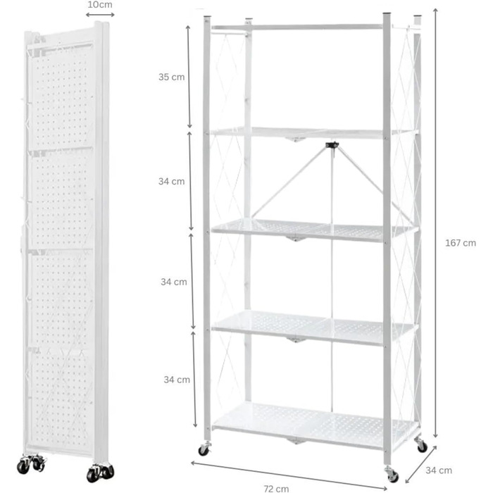 Складана полиця з колесами 5 полиць/відсіків Білий Вантажопідйомність 250 кг ВxШxГ 167x72x34 см Полиця для зберігання, металева полиця, складна полиця, 5 полиць, білий