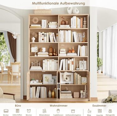 Книжкова шафа FirFurd 185,5 см з дверцятами, 12 полиць, вітрина, полиця, висока шафа для вітальні, офісу, кухні, 115 x 27 x 185,5 см, дуб