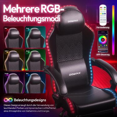 Ігрове крісло Dowinx з RGB-підсвічуванням, світлодіодне ігрове крісло з підставкою для ніг для дорослих, ергономічне ігрове крісло з масажною поперековою опорою, крісло для відеоігор зі штучної шкіри чорного кольору