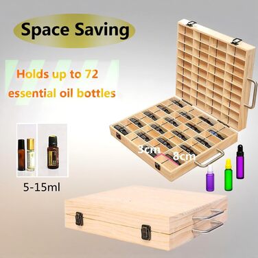 Рівневий органайзер для ефірних олій з масиву дерева з 72 відділеннями та ремінцем - коробка для зберігання з шухлядою, підставка для флаконів об&39ємом 5-15 мл, ароматичних олій, лаку для нігтів, косметики, губної помади, дерев&39яний, 72 відділення, 2-