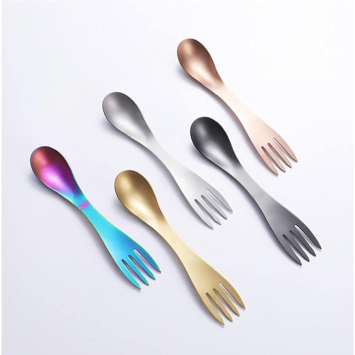 Набір із 5 виделок та ложок 2-в-1, портативний кухонний посуд із нержавіючої сталі для кемпінгу, подорожей, пікніків, офісу та використання на свіжому повітрі