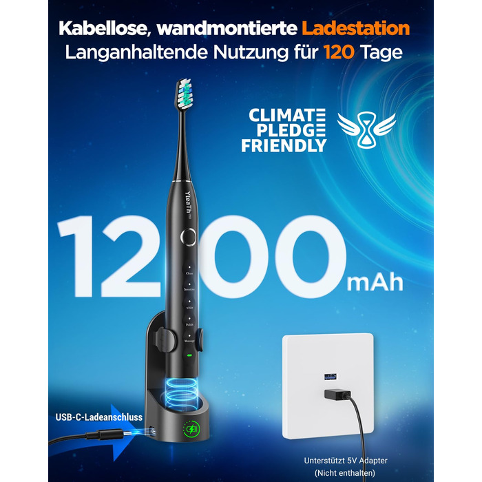 Електрична зубна щітка з 8 насадками (3 типи), звукова зубна щітка для дорослих, з таймером, до 120 днів роботи від акумулятора, 5 режимів чищення, дорожній футляр, настільна зарядна станція, колір чорний