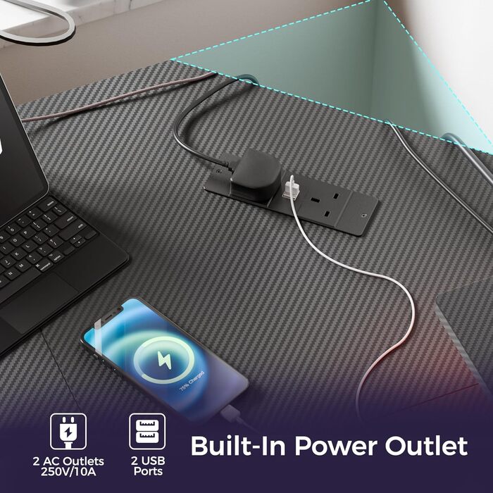 Г-подібний стіл Mondeer зі світлодіодним підсвічуванням, ігровий стіл 130 x 130 см з 2 розетками та 2 портами USB для зарядки, кутовий стіл із сітчастим відділенням для зберігання та гачками, для домашнього офісу та спальні, колір сажа