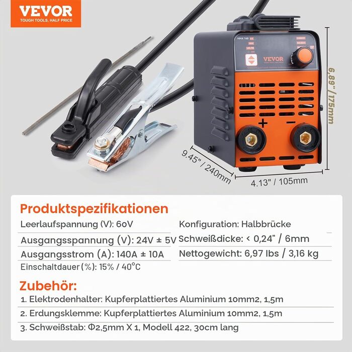 Зварювальний апарат VEVOR 220 В, 140 А ARC/Lift TIG, портативний 2-в-1 з LED-дисплеєм, функціями Hot Start, Arc Force, Anti-Stick та VRD, MMA інвертор