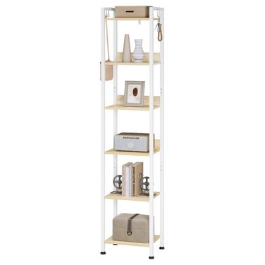 Ярусна полиця для зберігання WOLTU, кухонна полиця з 4 гачками, книжкова полиця в індустріальному стилі, окремостояча полиця для вітальні/кухні, вузька драбина, білий світлий дуб, 40x30x187 см, 6-