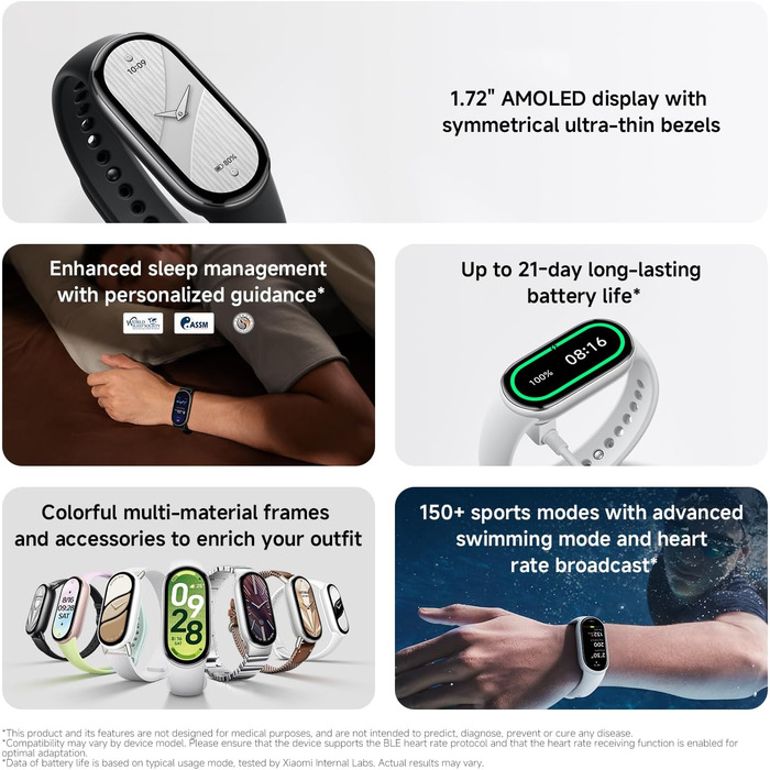 Фітнес-трекер Xiaomi Smart Band 10, смарт-годинник, 1,72-дюймовий AMOLED-дисплей, 21-денний час роботи від батареї, водонепроникність 5 атм, відстеження серцевого ритму та сну, понад 150 спортивних режимів, швидке зняття, чорний, сучасний