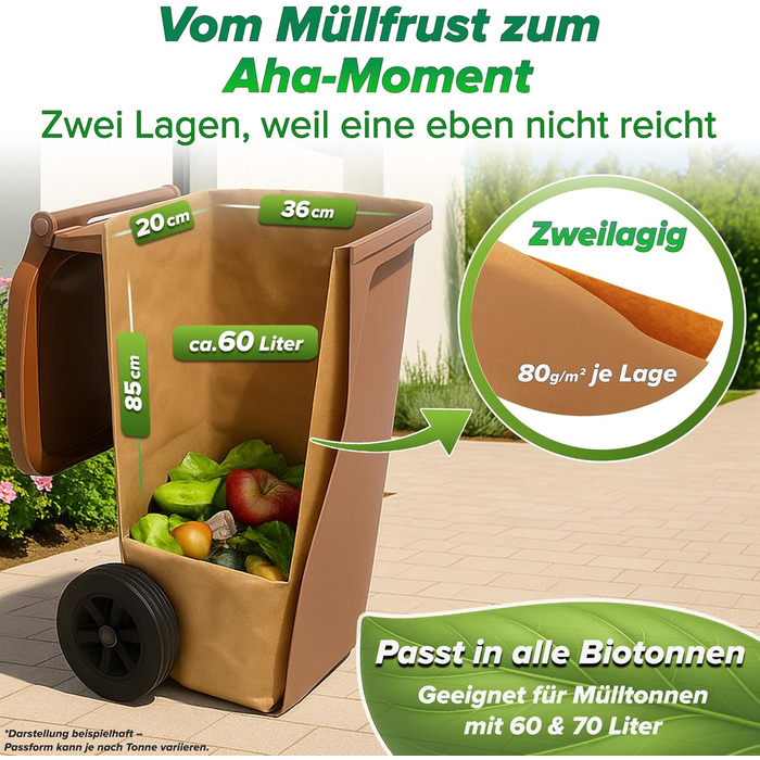 Пакети для органічних відходів 60 л - 70 л 25 шт. Пакети для органічних відходів Паперові пакети для органічних відходів, без личинок Паперові пакети для садових відходів