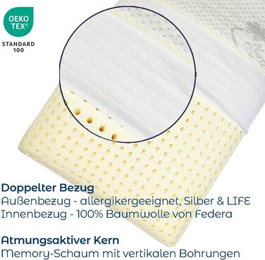 Ортопедична подушка для шиї Silver Neck - в&39язкопружна подушка, подушка з піни з ефектом пам&39яті з чохлом Silver & Life - 70x34 см - висота 13 см 70 x 34 см, висота 13 см