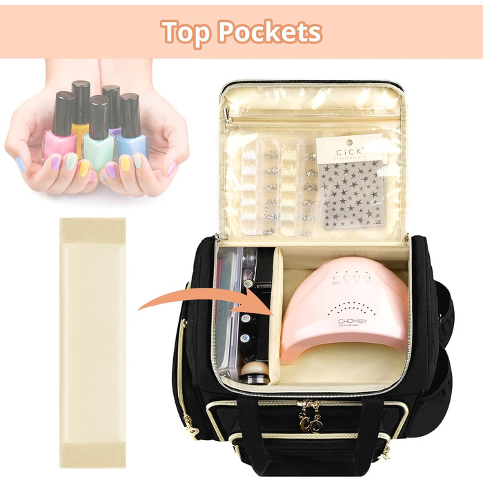 Мішечок для зберігання лаку для нігтів, двошаровий органайзер для 70 флаконів (до 15 мл), портативний мішечок для сушарок для нігтів, ламп для нігтів та аксесуарів для лаків - чорний