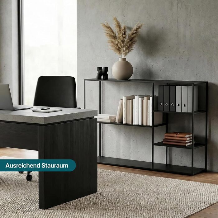 Окремостояча полиця Isojoki, металева книжкова шафа, полиця для вітальні, чорна, 120 x 35 x 88 см, чорний, матовий