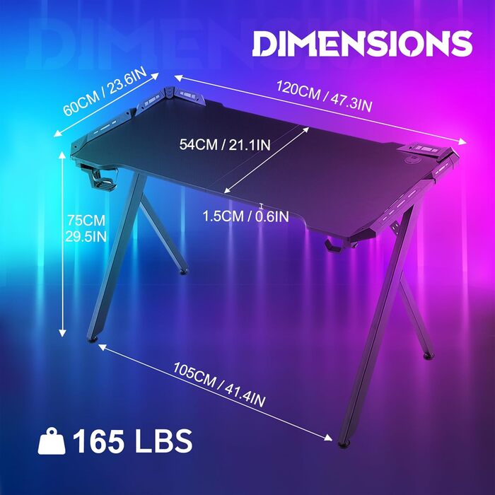 Ігровий стіл із RGB-світлодіодним підсвічуванням, 120x60 см, ергономічний ігровий комп&39ютерний стіл з карбоновою поверхнею, RGB-ігровий стіл/комп&39ютерний стіл з пультом дистанційного керування та кріпленням для навушників, чорний, 120x60x75 см