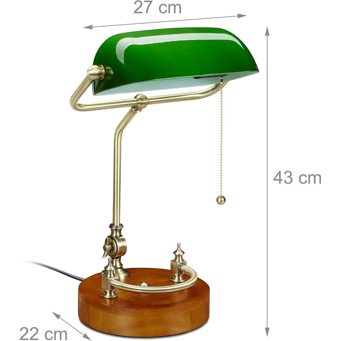 Банкірська лампа Relaxdays з перемикачем, відкидний скляний абажур і дерев'яна основа, банкірська лампа E27, настільна лампа ретро, зелена, 10034408, 43 x 27 x 22 см