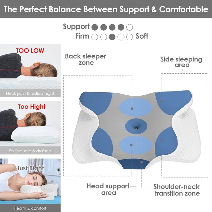 Велика подушка для шиї з піни з ефектом пам&39яті, ергономічна ортопедична подушка, регульована по висоті, подушка для сну на боці, спині та животі - 63 x 42 см x 9/12 см