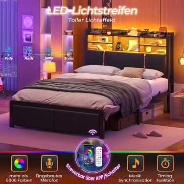 Ліжко 140x200 см, м&39яке ліжко зі світлодіодним підсвічуванням, металевий каркас ліжка, каркас ліжка з 2 шухлядами, узголів&39я з полицею та місцем для зберігання речей, розетка, двоспальне ліжко з рейковою основою, для спальні, PU чорного кольору