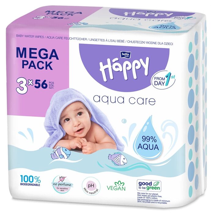 Вологі серветки bella baby Happy Aqua Care, упаковка 10 шт. (10х56 шт. ), 100 біорозкладані, 99 вода, з 1-го дня життя (56 шт. (3 упаковки))