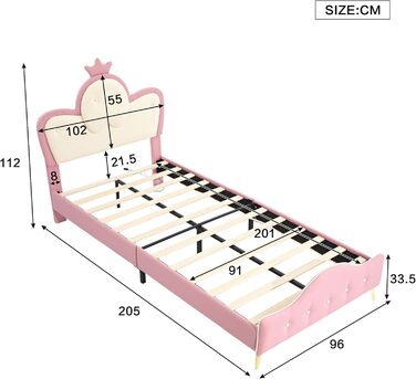 Дитяче м&39яке ліжко Merax 90x200 см зі світлодіодними стрічками, односпальне ліжко для дівчаток, хвилеподібне узголів&39я з вінцем, каркас ліжка з рейковою основою та узніжжям, дитяче ліжко, ПУ, без матраца, рожево-біле 90 x 200 см рожево-біле - зі світл
