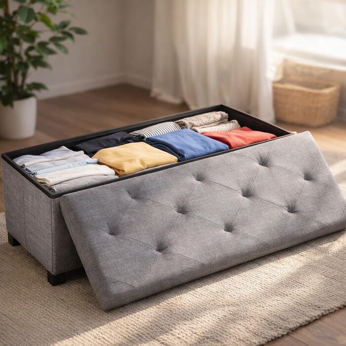 Лавка для зберігання DUMOS, Коробка для зберігання з кришкою, 110 x 38 см, Скриня-лавка для зберігання, Пуф для зберігання, Вантажопідйомність до 150 кг, Пуф для ніг для вітальні, спальні, гуртожитку, Сірий 110 x 38 x 38 см Сірий