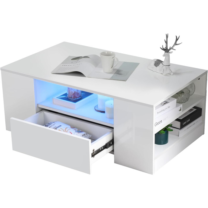 Журнальний столик зі світлодіодним підсвічуванням, сучасний диванний столик, стіл для вітальні з 2 шухлядами, 100x55x37 см, білий