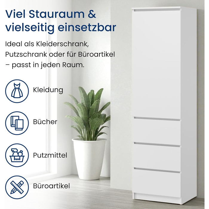 Гардеробна шафа Home Collective, вішалка для одягу, багатофункціональна шафа з 3 полицями та 3 шухлядами Функціональна шафа для спальні, коридору або кабінету 50x40x180 см (ШxГxВ) Білий