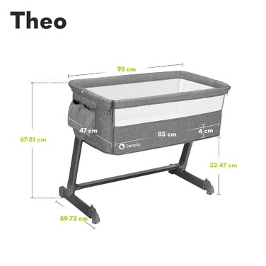 Дитяче ліжечко Lionelo Theo 2-в-1, дорожнє ліжечко, приліжкове ліжечко для дітей від народження до 9 кг, регульована висота, регульований кут нахилу, складна бічна панель, матрац, москітна сітка (сірий) сірий (1 упаковка)