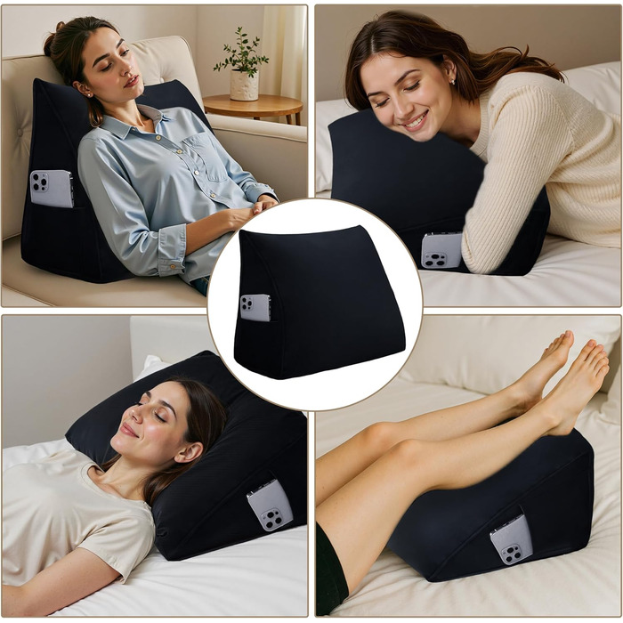 Оксамитова клиноподібна подушка для узголів&39я ліжка - Трикутна спинка для комфортного читання та сидіння (Чорна, 45x20x35 см) Чорний 45x20x35 см