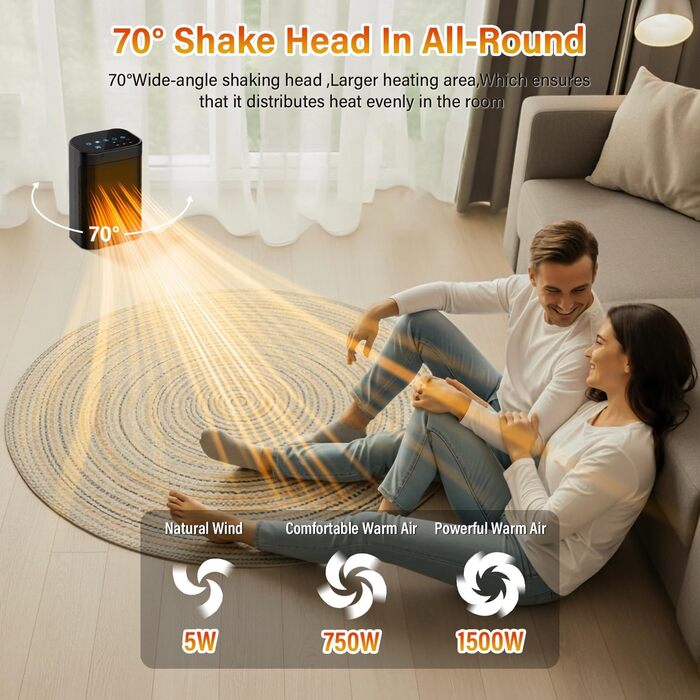 Електричний обігрівач потужністю 1500 Вт з дистанційним керуванням, керамічний нагрівальний елемент PTC, тиха робота з коливаннями 70, захист від перегріву та перекидання, 12-годинний таймер, для використання в приміщенні