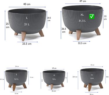 Квітковий горщик MELTOM з ніжками-вставкою, горщик для трав, еко-перероблений (антрацит, XL - 47 см) XL - 47 см антрацит