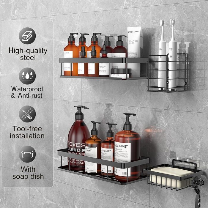 Душова полиця UUlioyer без свердління, водонепроникна та нержавіюча душова полиця, органайзер для полиць у ванній кімнаті 4 шт. ,