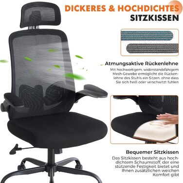 Ергономічне офісне крісло Sweetcrispy з підголівником та регульованими підлокітниками, функція повороту на 360, регульоване по висоті ігрове та робоче крісло для домашнього офісу та офісу, чорне, відкидні підлокітники