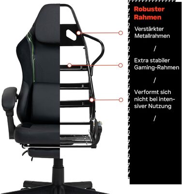 Чорно-зелене ігрове крісло - з підставкою для ніг - ергономічне - з регульованою висотою