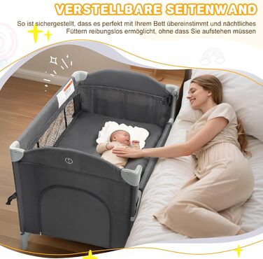 Приліжкове ліжечко 5-в-1, дорожнє ліжечко, дитяче ліжечко з пеленальною підкладкою, містким кошиком для зберігання, москітною сіткою, ігровою аркою та дорожньою сумкою для новонароджених та малюків (сірий колір)