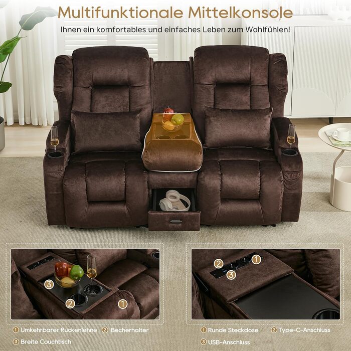 Місний розкладний крісло-реклайнер з функцією відкидання спинки та підставкою для ніг, двомісне крісло для телевізора з консоллю, подвійне кінокрісло з ручним регулюванням вагою до 360 кг (розкладна центральна консоль, коричнева оксамитова тканина) Коричн